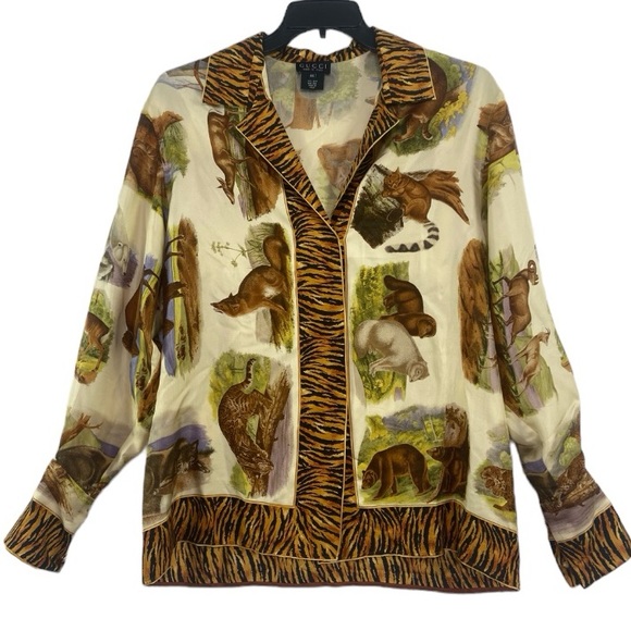 Gucci Authentic 100% silk wildlife animal print silk long sleeve top. Sz 44/L/8 - Picture 1 of 16